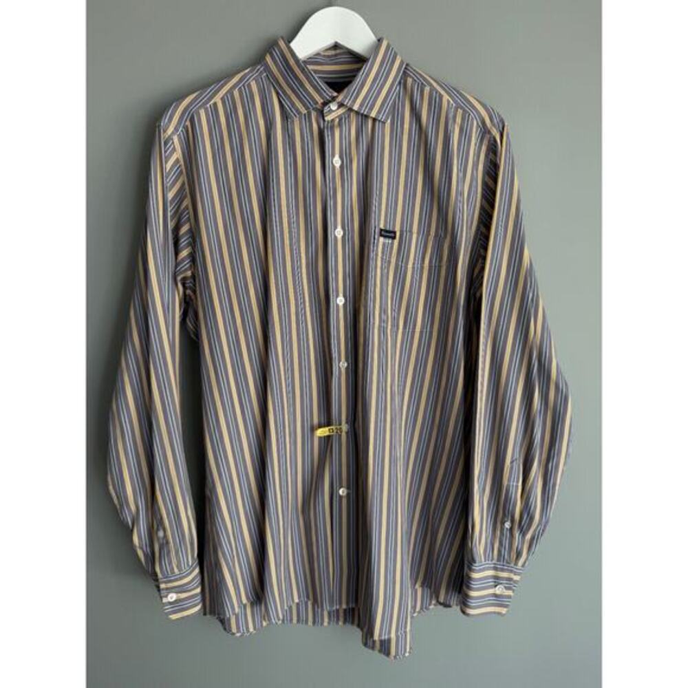 Faconnable Club Deauville Men's L 100% Cotton Dress Shirt Gray Gold Stripe